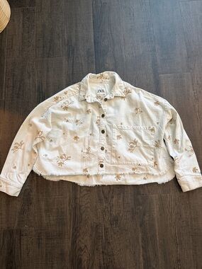 Zara Cream Cropped Embroidered Jean Jacket with Tan Floral Detail